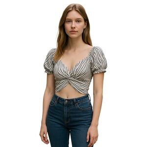 Aeropostale grey & white striped linen cropped top size S